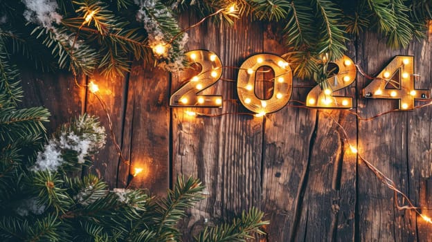 A rustic wood background with 2024 in bright lights New Year Flat lay top view, with copy space. Generative AI.