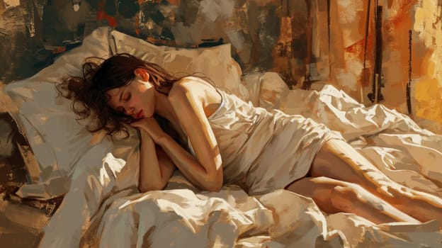 Young woman sleeping on her bed, digital painting. Generative AI.