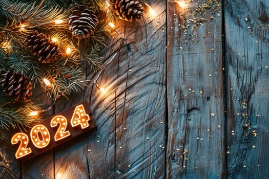 A rustic wood background with 2024 in bright lights New Year Flat lay top view, with copy space. Generative AI.