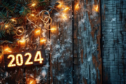 A rustic wood background with 2024 in bright lights New Year Flat lay top view, with copy space. Generative AI.