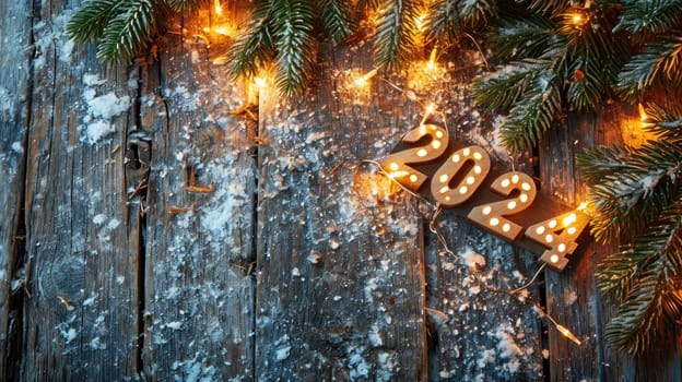 A rustic wood background with 2024 in bright lights New Year Flat lay top view, with copy space. Generative AI.