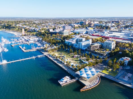 Views from Port Phillip Bay towards Geelong CBD and city on a warm summer evening in Geelong, Victoria, Australia