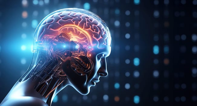 outline of a human skull and brain with glowing wires and microcircuits, the concept of creating humanoid robots, the development of robotics, augmented reality, futuristic future,Generated AI