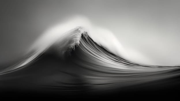 Black and white image of ocean wave during storm. Huge wave breaking with a lot of spray and splash. Sea water background