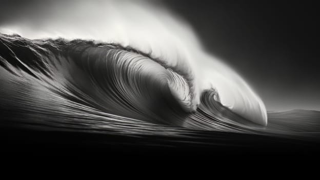 Black and white image of ocean wave during storm. Huge wave breaking with a lot of spray and splash. Sea water background