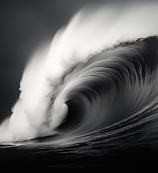 Black and white image of ocean wave during storm. Huge wave breaking with a lot of spray and splash. Sea water background