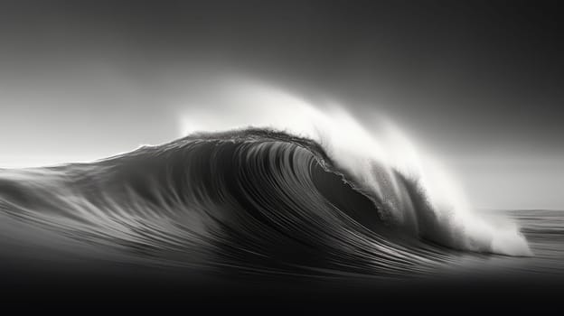 Black and white image of ocean wave during storm. Huge wave breaking with a lot of spray and splash. Sea water background