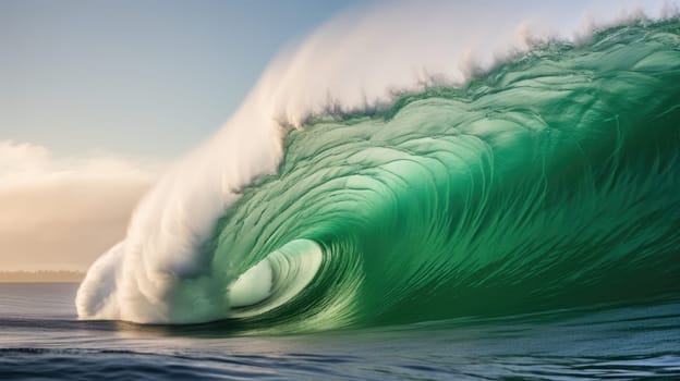 Ocean wave at wind. Huge wave breaking with a lot of spray and splash. Sea water background