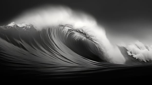 Black and white image of ocean wave during storm. Huge wave breaking with a lot of spray and splash. Sea water background