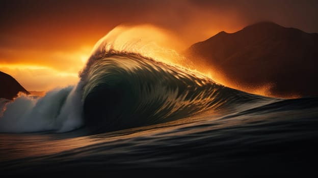 Ocean wave during sunset. Huge wave breaking with a lot of spray and splash. Sea water background