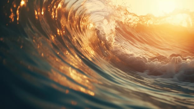 Ocean wave during sunset. Huge wave breaking with a lot of spray and splash. Sea water background