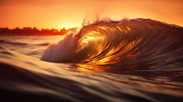 Ocean wave during sunset. Huge wave breaking with a lot of spray and splash. Sea water background