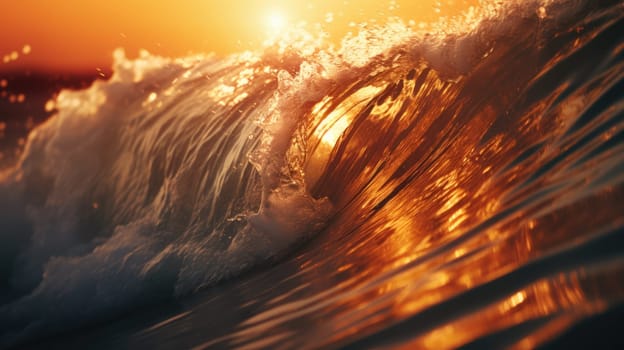 Ocean wave during sunset. Huge wave breaking with a lot of spray and splash. Sea water background