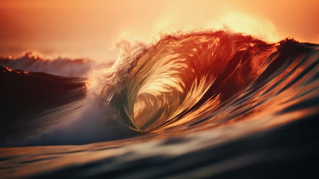 Ocean wave during sunset. Huge wave breaking with a lot of spray and splash. Sea water background