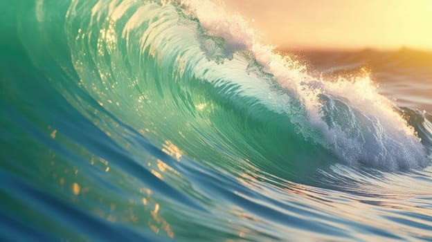 Ocean wave during sunset. Huge wave breaking with a lot of spray and splash. Sea water background