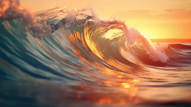 Ocean wave during sunset. Huge wave breaking with a lot of spray and splash. Sea water background