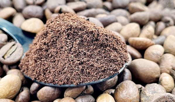 Against the background of roasted aromatic coffee beans lies a metal spoon filled with ground coffee. A drink made from roasted and ground beans from the coffee tree or coffee bush