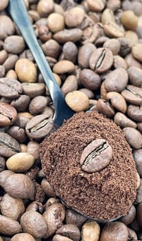 Against the background of roasted aromatic coffee beans lies a metal spoon filled with ground coffee. A drink made from roasted and ground beans from the coffee tree or coffee bush