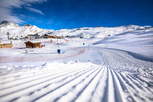 Ski slope in Riffelberg at Zermatt ski area, Valais region of Switzerland