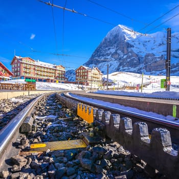 Kleine Scheidegg railway to Jungfraujoch peak view, Berner Oberland region of Switzerland