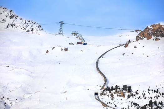 Town of Sankt Moritz luxury winter ski slope and cogwheel track view, Graubunden region of Switzerland