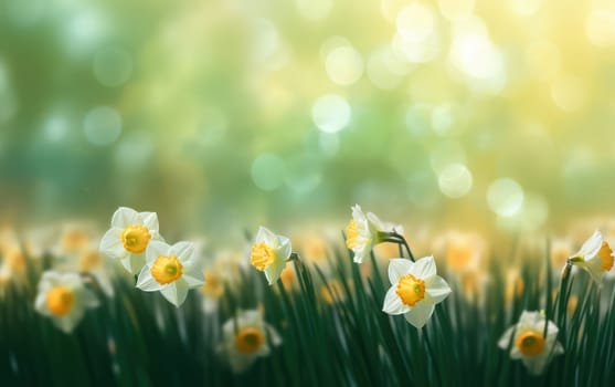 Vivid Spring Blossoms: A Delightful Bouquet of Yellow Narcissus Flowers on a Green Meadow Background