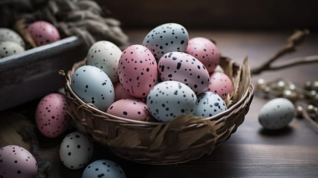 Colorful Easter Egg Celebration on Rustic Wooden Table with Green Background