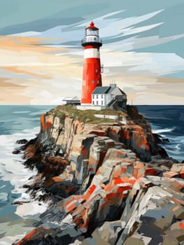 Atlantic Coast: A Majestic View of an Old Red Lighthouse guiding ships amidst the Scenic Sunset over the Blue Ocean Waves and Dramatic Cliffs, illustrating the Irish Maritime Heritage and Architectural Landmark of Dublin, Ireland.