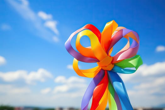 Multi-colored ribbons are tied into a bow in the blue sky. LGBT pride symbol.