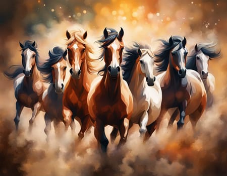 Multicolored painting of wild horses running freely in a field . AI generated.