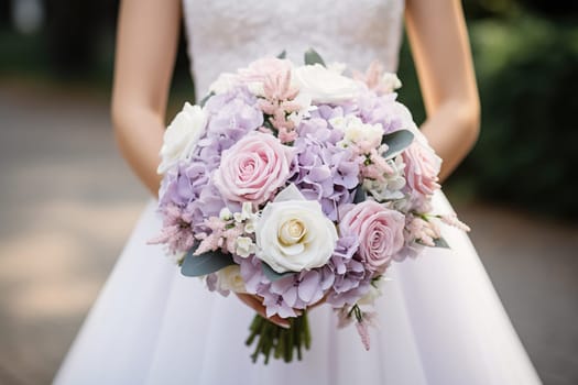 The bride holds an elegant delicate bouquet in her hands. Wedding day concept.