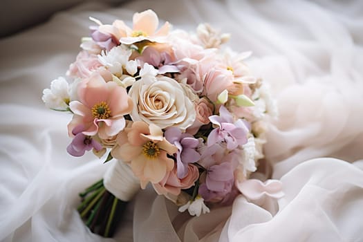 A luxurious wedding bouquet of the bride with white roses lies on light sheets. Wedding day concept.