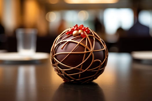 Chocolate dessert in the form of a sphere with gold decoration on a wooden stand.