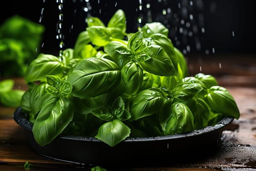 Fresh basil leaves in drops of water on a black plate on a wooden table.