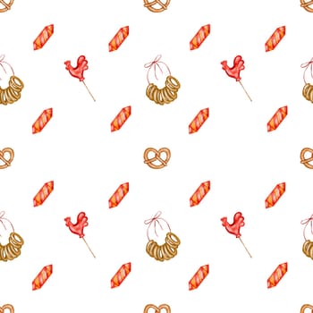 Watercolor seamless pattern with rooster lollipops, lambs and candy, pretzel. Bright hand drawn illustration featuring baked goods. For printing on scarves and tablecloths for Shrovetide week or kitchen textiles in Russian style