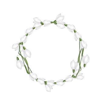 Snowdrops watercolor round frame hand drawing on isolated background. Wreath of botanical flowers clip art. Elegant illustration for designing cards for spring holidays and wedding. High quality photo