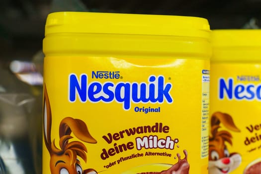 Tyumen, Russia-November 25, 2023: Nesquik Chocolate milkshake made by the Nestle corporation. Selective focus