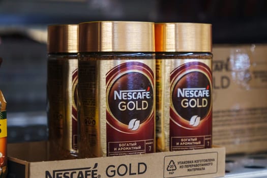 Tyumen, Russia-November 25, 2023: Glass packings of the Nescafe Gold instant coffee by Nestle corp.