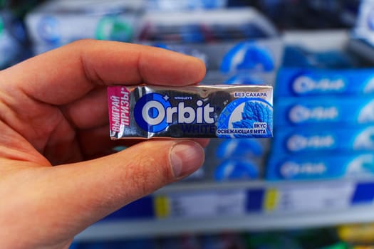 Tyumen, Russia-November 25, 2023: Orbit chewing gum made by Wrigley.