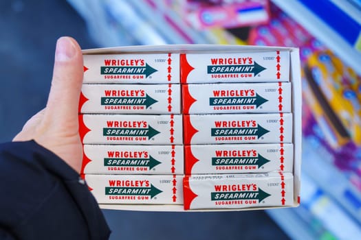 Tyumen, Russia-November 25, 2023: Spearmint chewing gum made by Wrigley