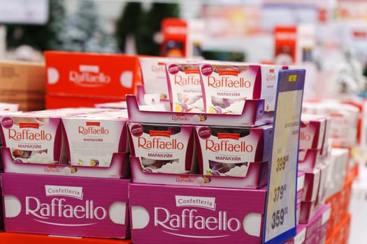 Tyumen, Russia-December 11, 2023: Raffaello is a coconut almond confection passion fruit flavored. Selective focus