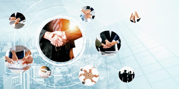 Teamwork and human resources HR management technology concept in corporate business with people group networking to support partnership, trust, teamwork and unity of coworkers in office vexel