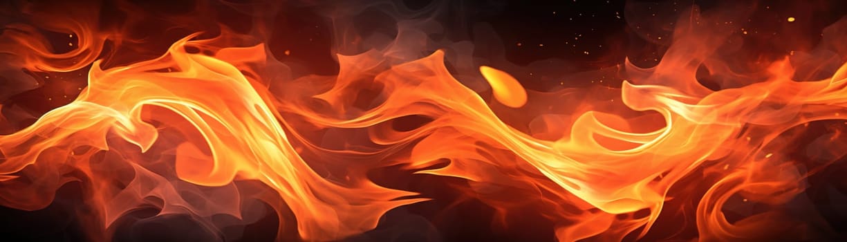 Abstract fiery background with swirling orange and red flames, perfect for dynamic and energetic design themes or creative projects. Stylized fire backdrop. Panoramic banner. Generative AI