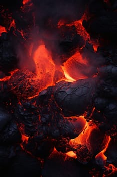 Glowing lava flows with intense heat and texture, perfect for nature documentaries, geological studies, or as a powerful metaphor in design. Vertical picture. Generative AI