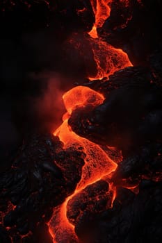 Glowing lava flows with intense heat and texture, perfect for nature documentaries, geological studies, or as a powerful metaphor in design. Vertical picture. Generative AI