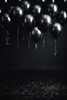 Mysterious black balloons with elegant ribbons against dark backdrop sprinkled with golden confetti, perfect for luxurious event themes, exclusive sales, or sophisticated party invites. Generative AI