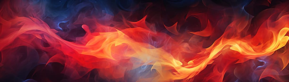 Abstract fiery background with swirling orange and red flames, perfect for dynamic and energetic design themes or creative projects. Stylized fire backdrop. Panoramic banner. Generative AI