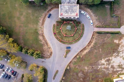 Aerial drone shot of entrance loop of royal palace hotel resort showing the elegant buildings in the city of Jodhpur, Udaipur in Rajasthan India