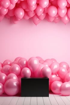 Stylish black podium with pink balloons. Mock up for product, cosmetic presentation. Platform for beauty products. Empty scene. Stage, display, showcase. Podium with copy space. Generative AI