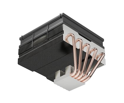 Below view of a low-profile cpu cooler with five copper heat pipes on white background